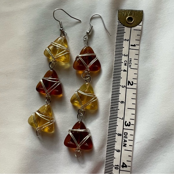 Honey Amber Lemon Color Lucite Resin Geometric Artisan Wrapped Dangle Earrings - Picture 4 of 8